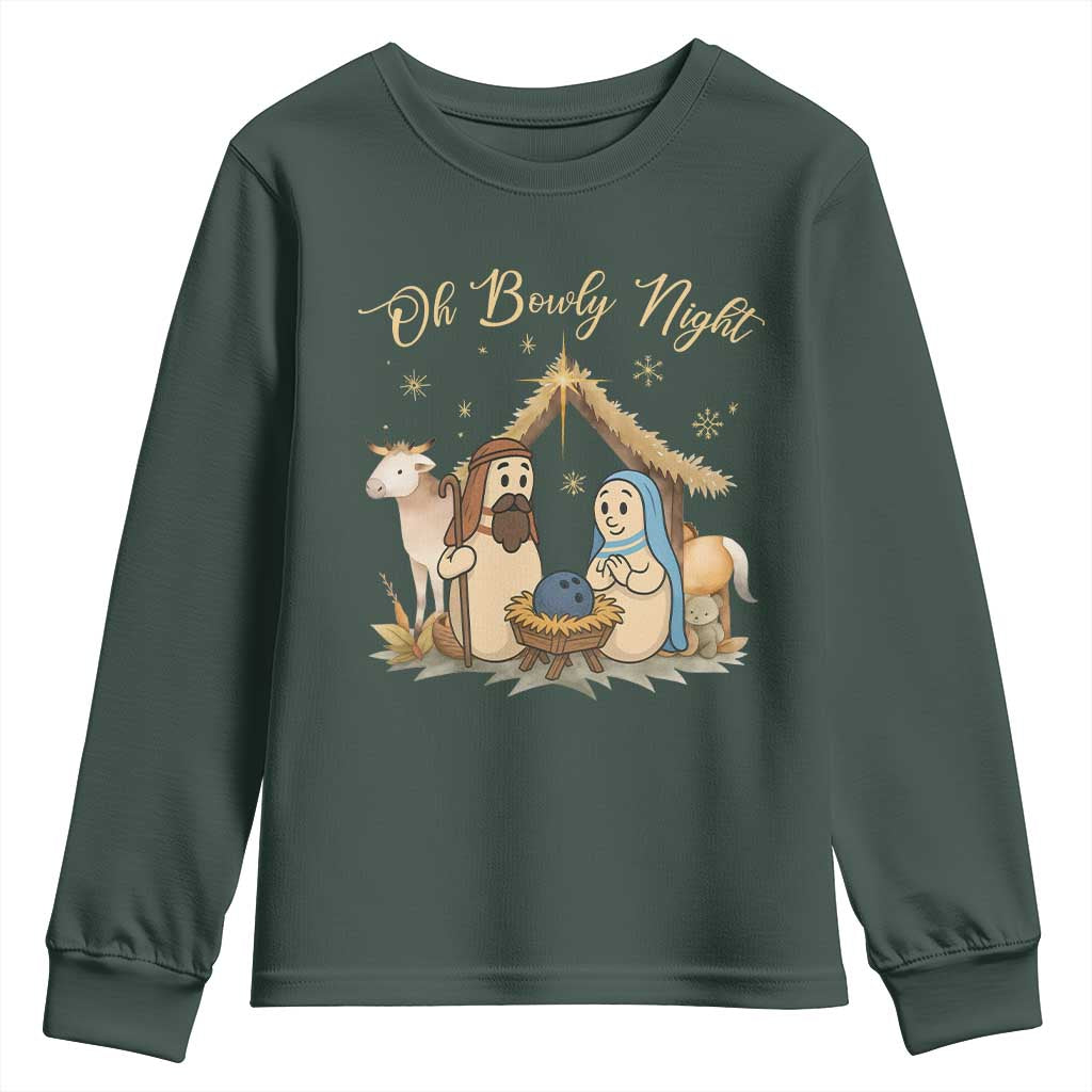 Funny Christmas Bowling Youth Sweatshirt Oh Bowly Night Nativity Scene Bowling Pins TS11 Dark Forest Green Print Your Wear