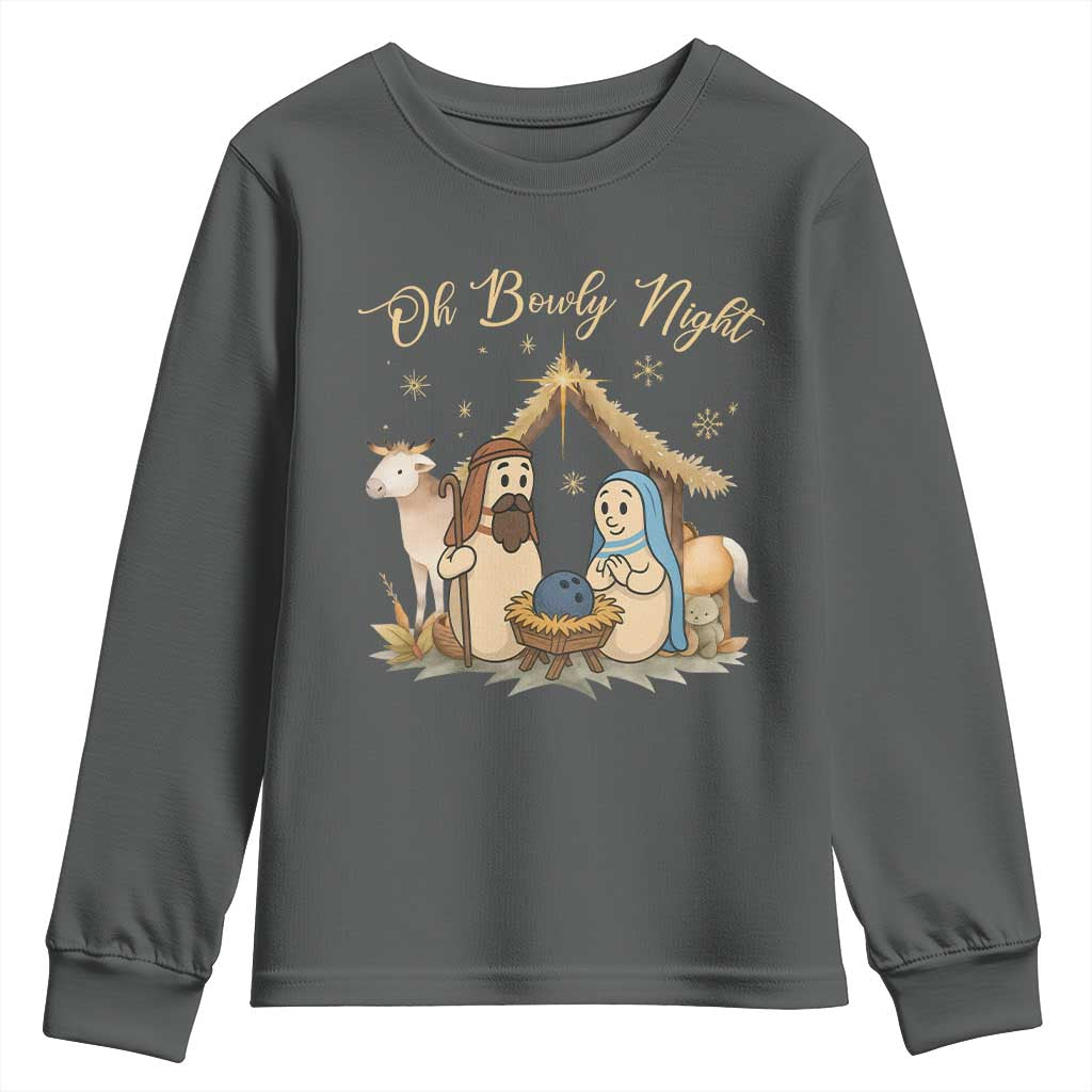 Funny Christmas Bowling Youth Sweatshirt Oh Bowly Night Nativity Scene Bowling Pins TS11 Dark Heather Print Your Wear