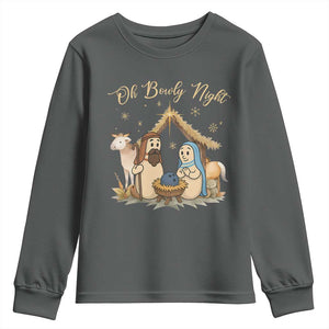 Funny Christmas Bowling Youth Sweatshirt Oh Bowly Night Nativity Scene Bowling Pins TS11 Dark Heather Print Your Wear