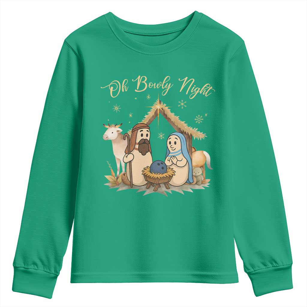 Funny Christmas Bowling Youth Sweatshirt Oh Bowly Night Nativity Scene Bowling Pins TS11 Irish Green Print Your Wear