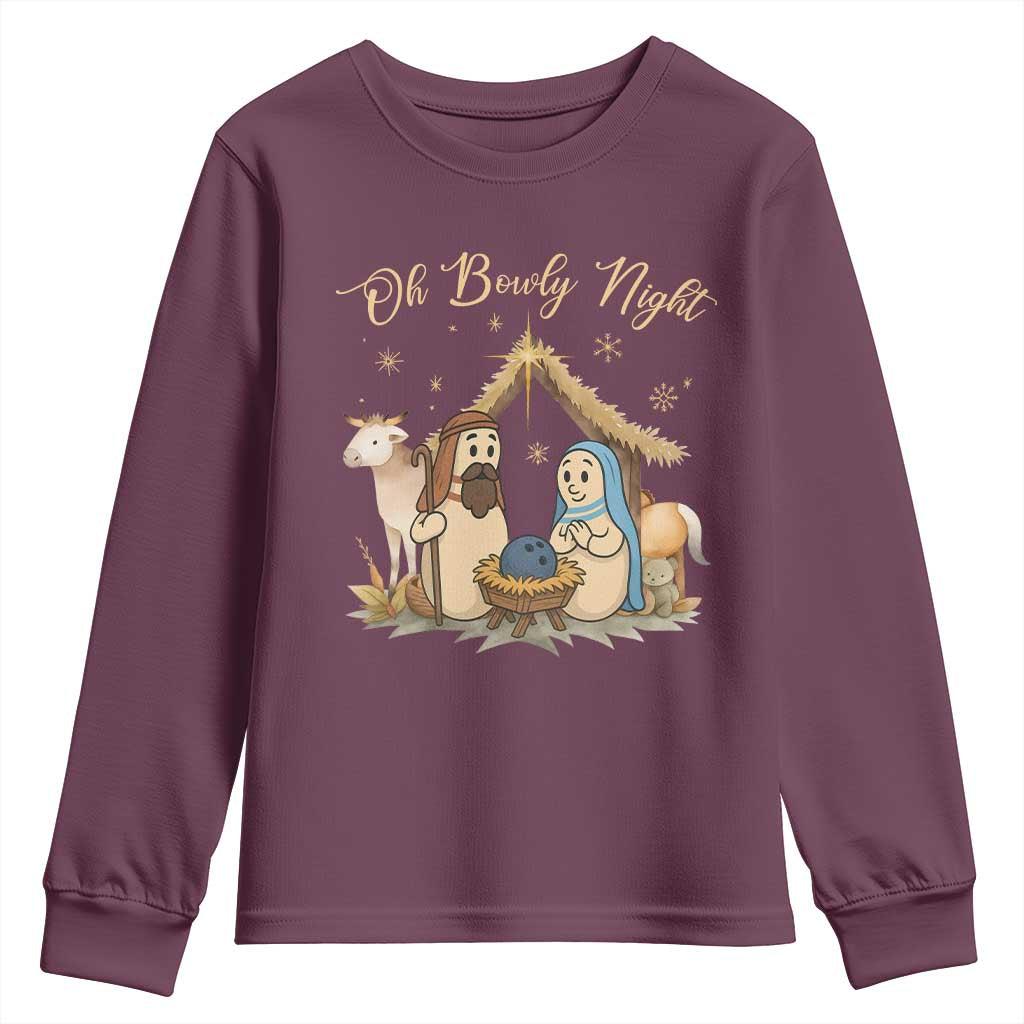 Funny Christmas Bowling Youth Sweatshirt Oh Bowly Night Nativity Scene Bowling Pins TS11 Maroon Print Your Wear