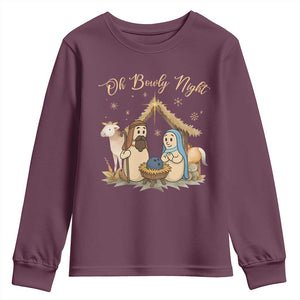 Funny Christmas Bowling Youth Sweatshirt Oh Bowly Night Nativity Scene Bowling Pins TS11 Maroon Print Your Wear