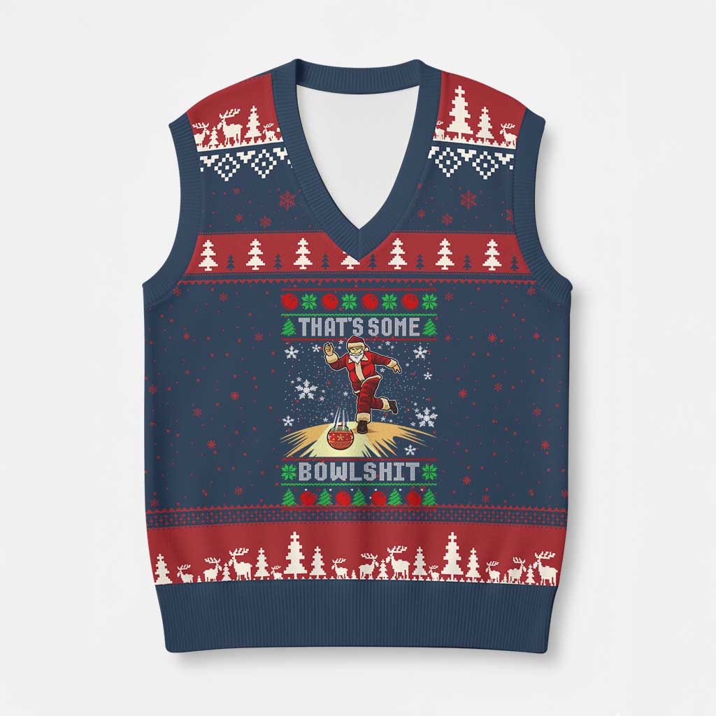 Funny Xmas Bowling V-Neck Knit Sweater Vest Thats Some Bowlshit Xmas Bowler Santa TS11 Navy Red Print Your Wear