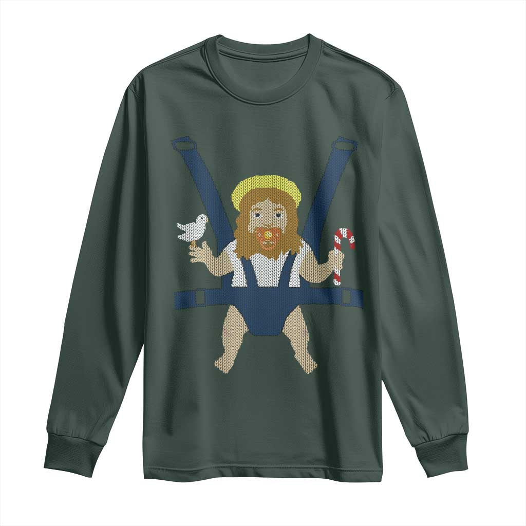 Funny Christmas Baby Jesus Long Sleeve Shirt Xmas Christian Little Boy TS11 Dark Forest Green Print Your Wear