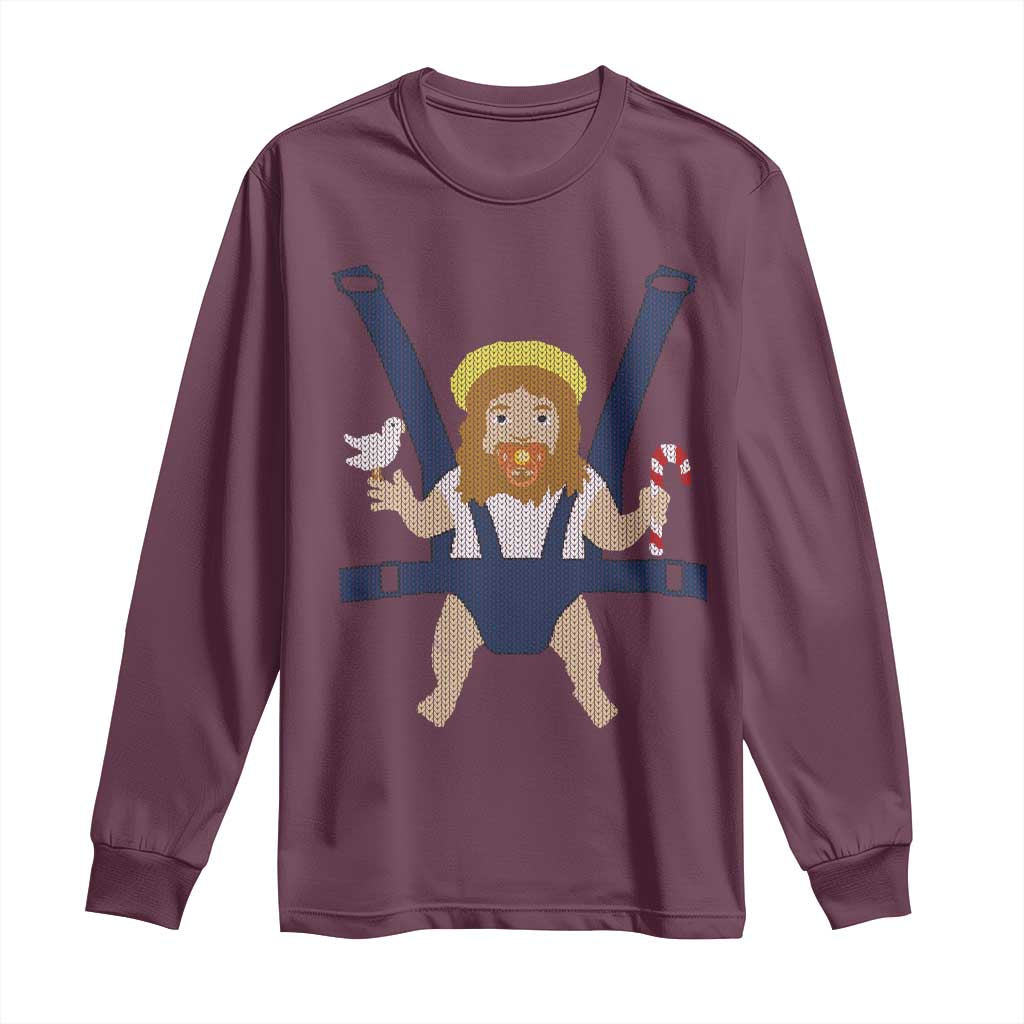 Funny Christmas Baby Jesus Long Sleeve Shirt Xmas Christian Little Boy TS11 Maroon Print Your Wear