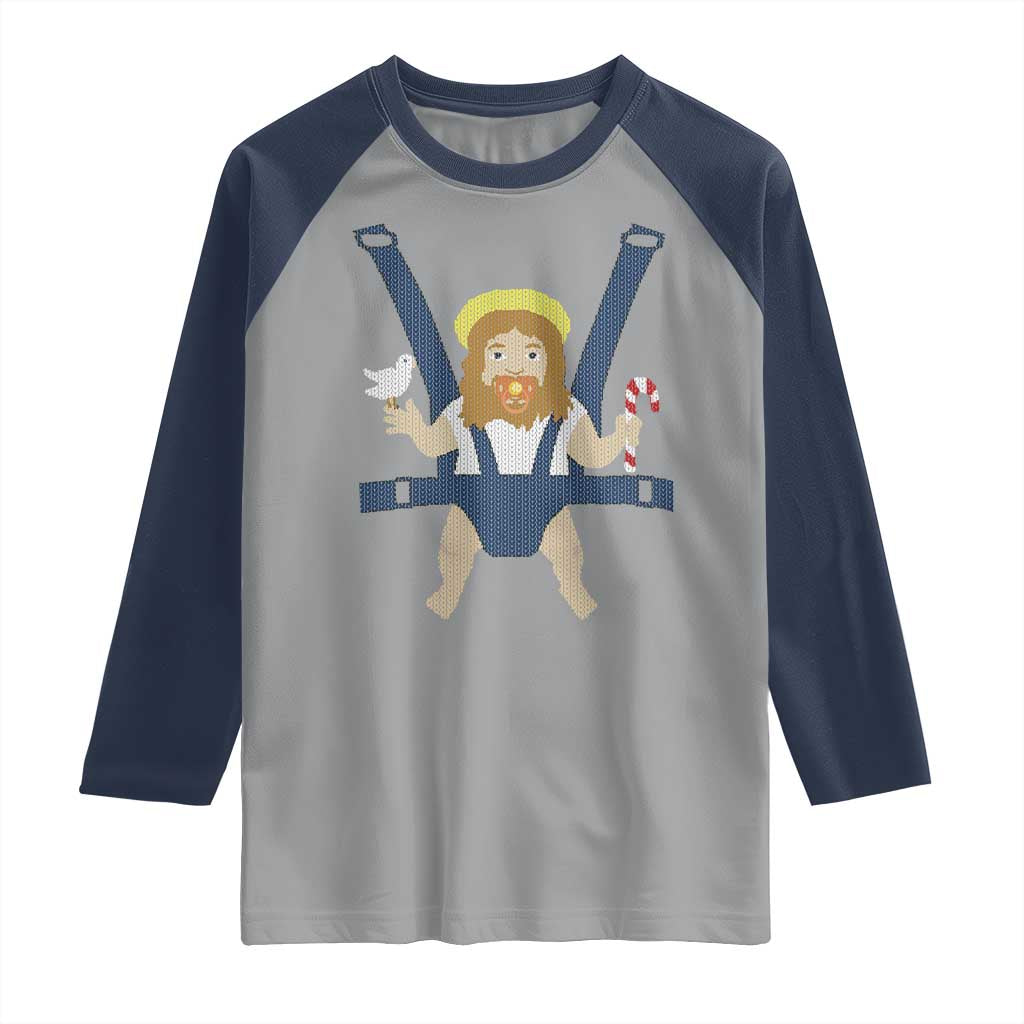 Funny Christmas Baby Jesus Raglan Shirt Xmas Christian Little Boy TS11 Sport Gray Navy Print Your Wear