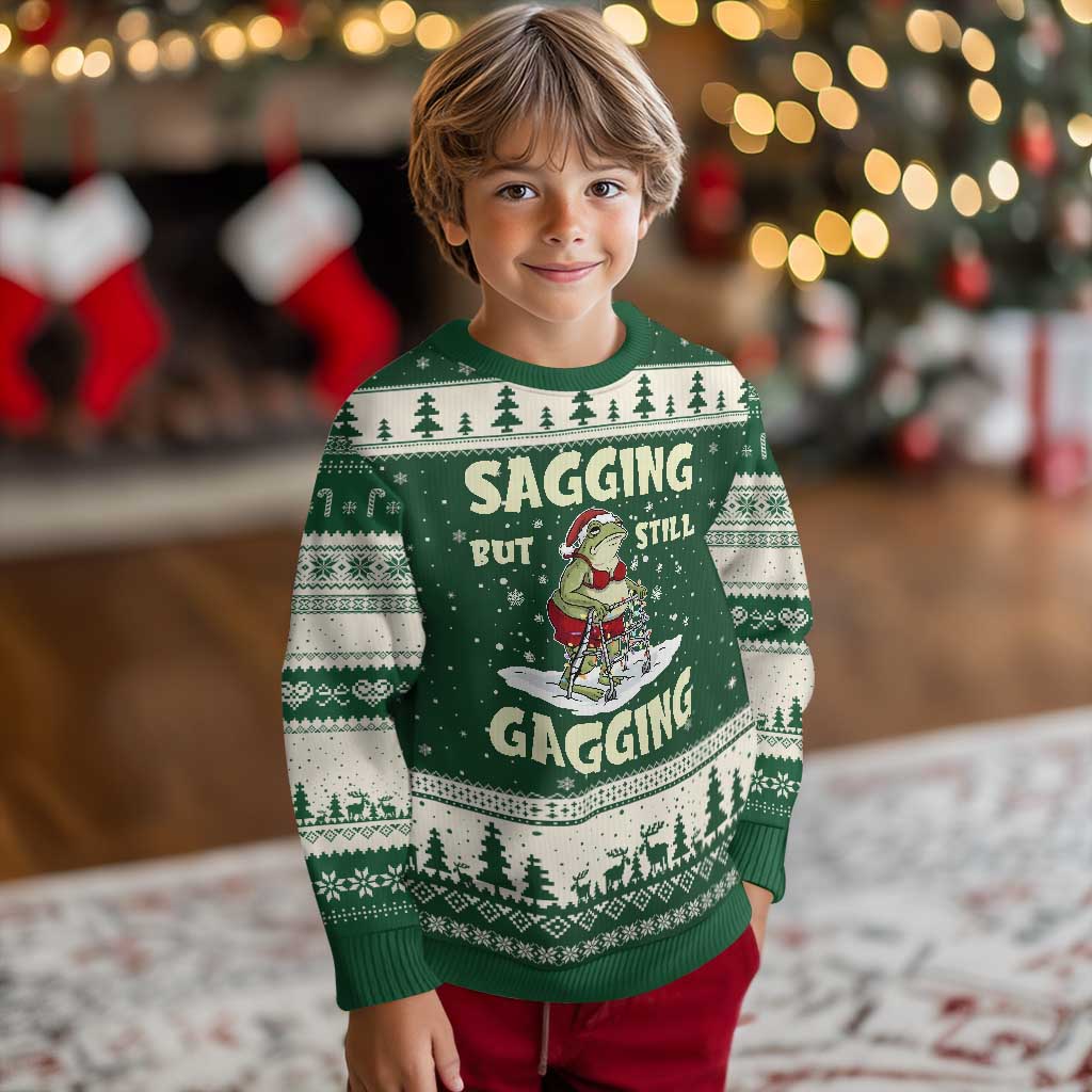 Funny Sagging But Still Gagging Xmas Frog Ugly Christmas Sweater Funny Cringe Meme Gag Humor TS11 Forest Green Beige Print Your Wear