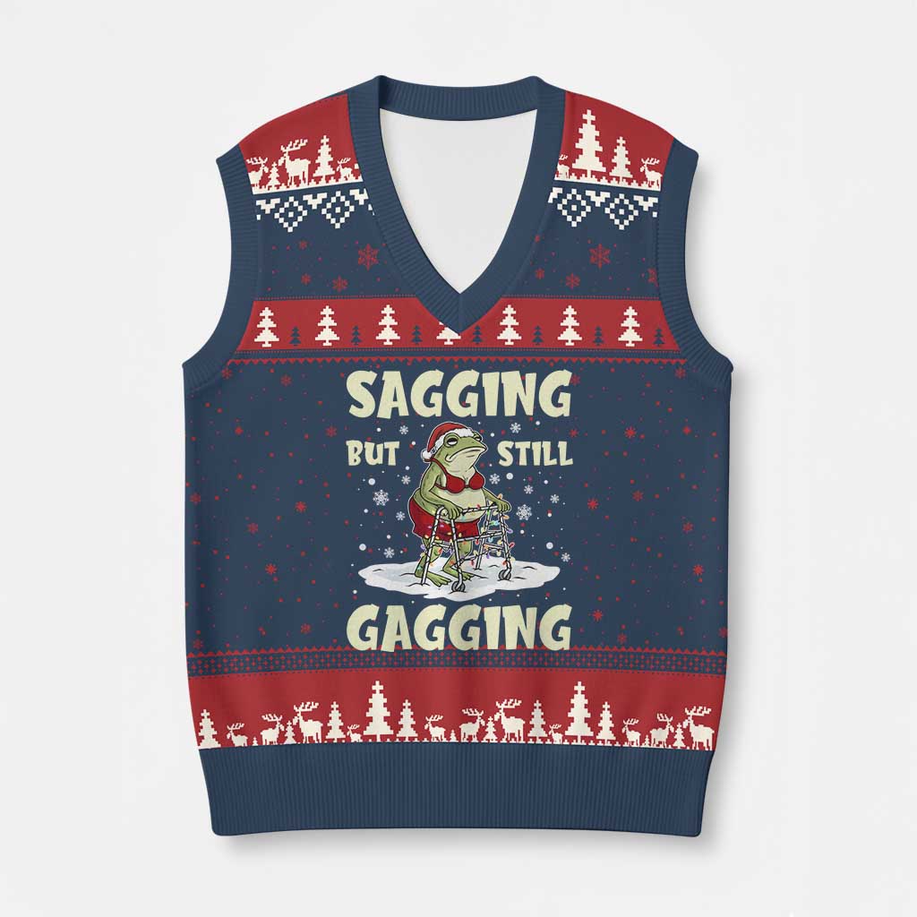 Funny Sagging But Still Gagging Xmas Frog V-Neck Knit Sweater Vest Funny Cringe Meme Gag Humor TS11 Navy Red Print Your Wear