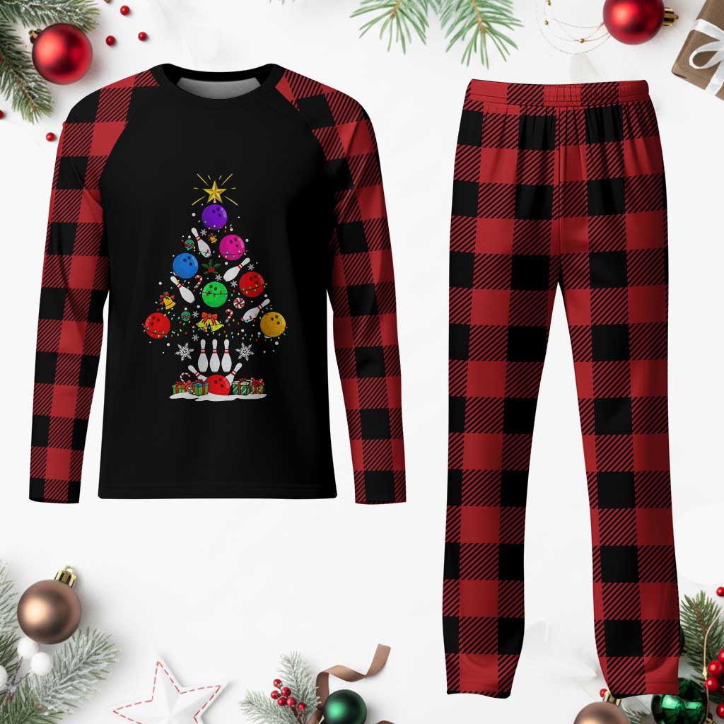 Funny Bowling Christmas Tree Lights Xmas Bowler Plaid Pajama Set - Print Your Wear