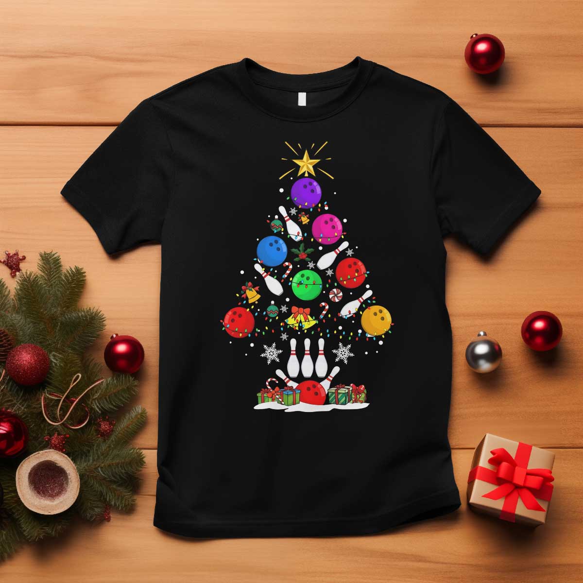 Funny Bowling Christmas Tree Lights Xmas Bowler T Shirt TS11 Black Print Your Wear