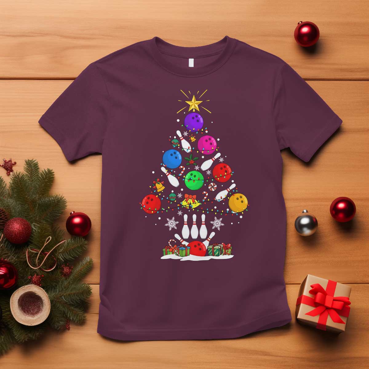 Funny Bowling Christmas Tree Lights Xmas Bowler T Shirt TS11 Maroon Print Your Wear