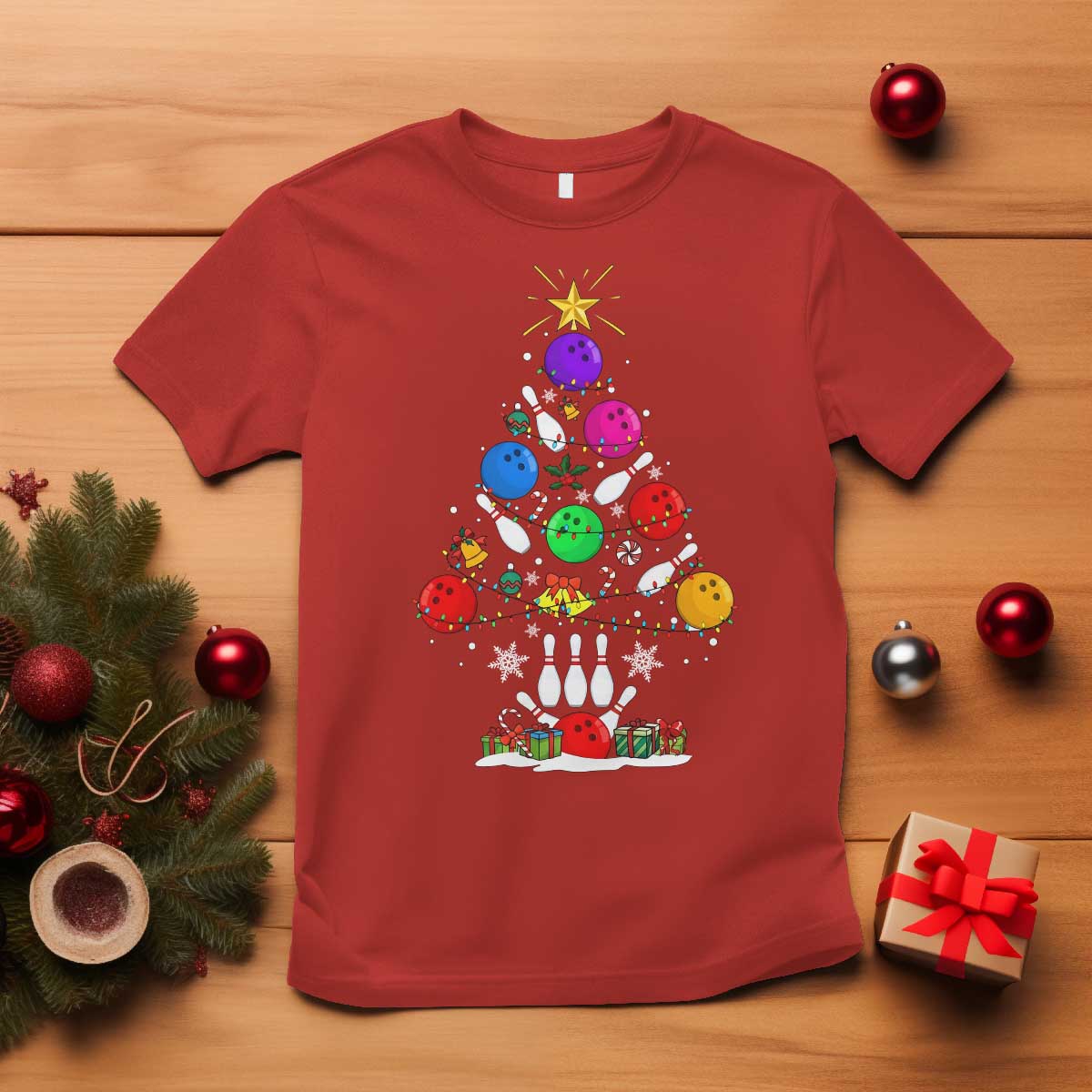 Funny Bowling Christmas Tree Lights Xmas Bowler T Shirt TS11 Red Print Your Wear