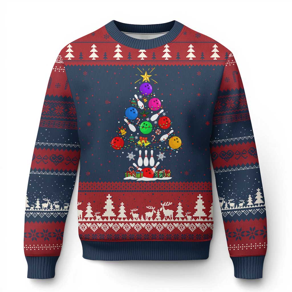 Funny Bowling Christmas Tree Lights Xmas Bowler Ugly Christmas Sweater TS11 Navy Red Print Your Wear