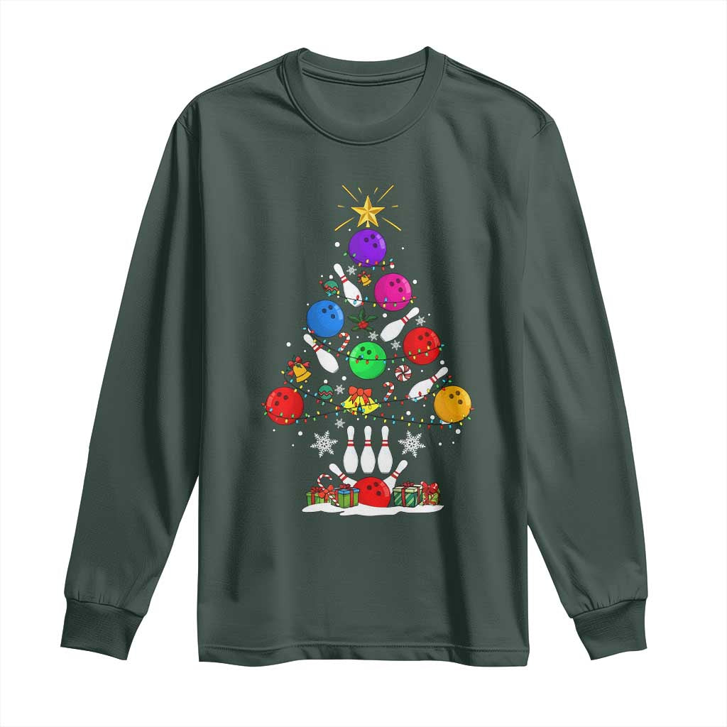 Funny Bowling Christmas Tree Lights Xmas Bowler Long Sleeve Shirt TS11 Dark Forest Green Print Your Wear