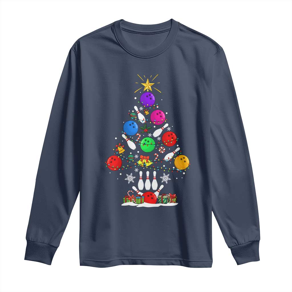 Funny Bowling Christmas Tree Lights Xmas Bowler Long Sleeve Shirt TS11 Navy Print Your Wear