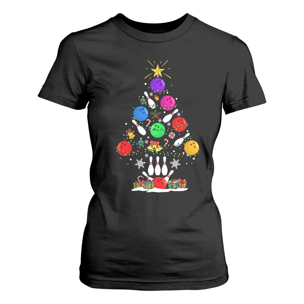 Funny Bowling Christmas Tree Lights Xmas Bowler T Shirt For Women TS11 Black Print Your Wear
