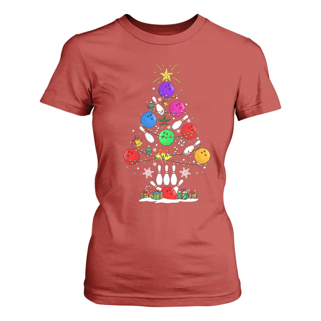 Funny Bowling Christmas Tree Lights Xmas Bowler T Shirt For Women TS11 Red Print Your Wear