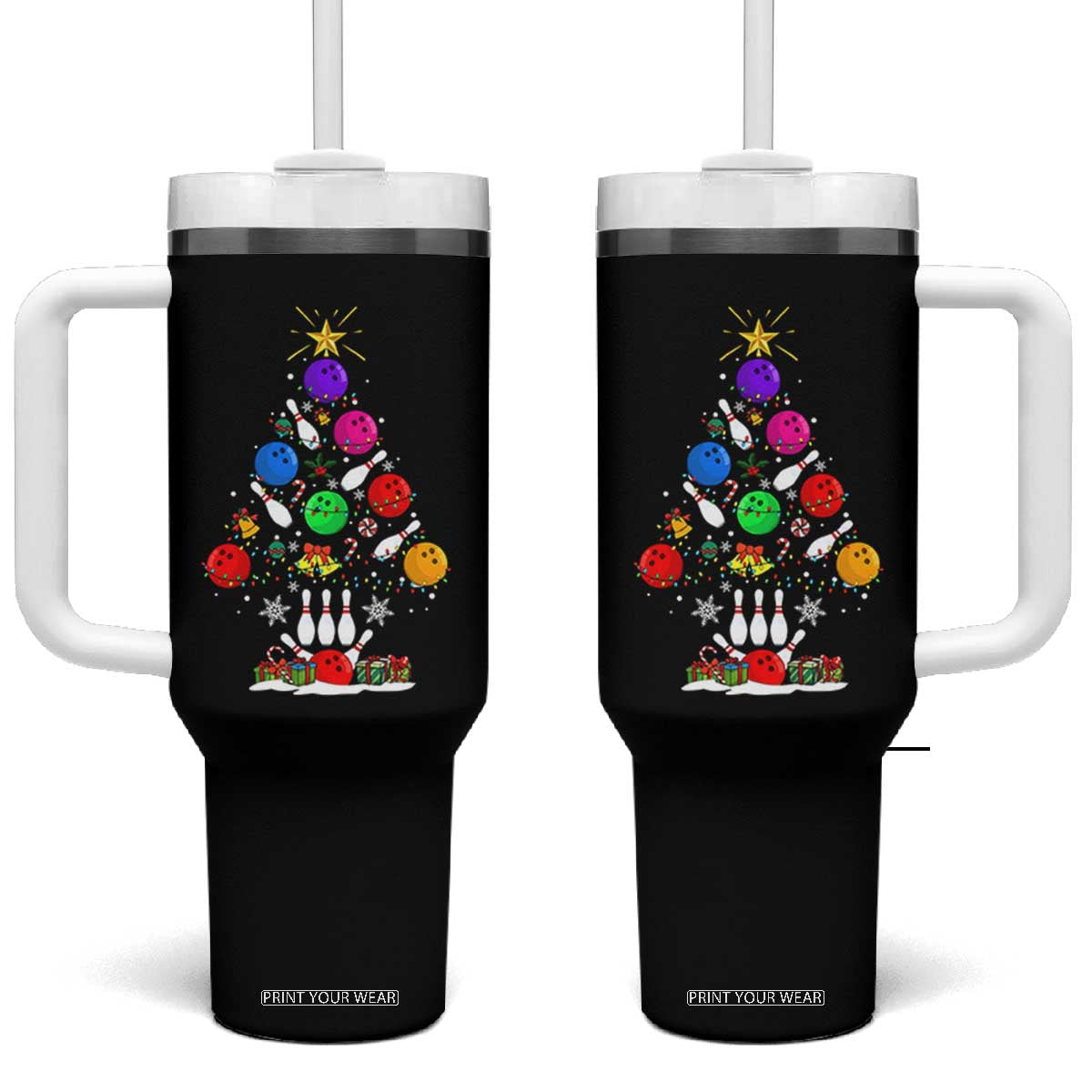 Funny Bowling Christmas Tree Lights Xmas Bowler Tumbler With Handle TS11 One Size: 40 oz Black Print Your Wear