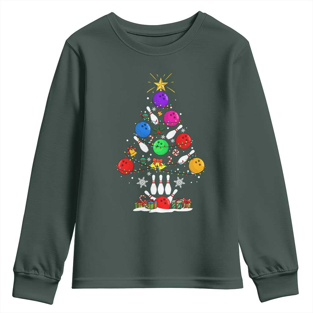 Funny Bowling Christmas Tree Lights Xmas Bowler Youth Sweatshirt TS11 Dark Forest Green Print Your Wear