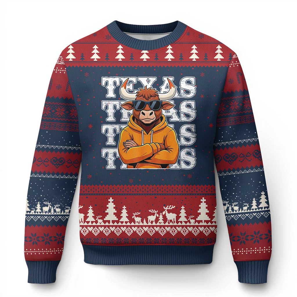 Texas Fan Ugly Christmas Sweater Longhorns Cow Texas Pride Sport Lover TS11 Navy Red Print Your Wear