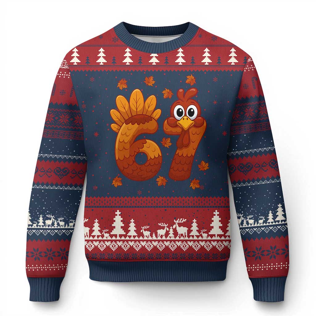 67 Thanksgiving Ugly Christmas Sweater Funny Turkey Thanksgiving Six Seven Meme TS11 Navy Red Print Your Wear