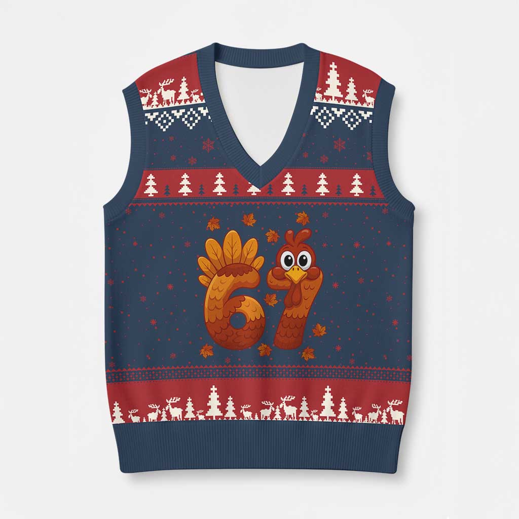67 Thanksgiving V-Neck Knit Sweater Vest Funny Turkey Thanksgiving Six Seven Meme TS11 Navy Red Print Your Wear