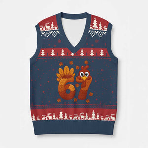 67 Thanksgiving V-Neck Knit Sweater Vest Funny Turkey Thanksgiving Six Seven Meme TS11 Navy Red Print Your Wear