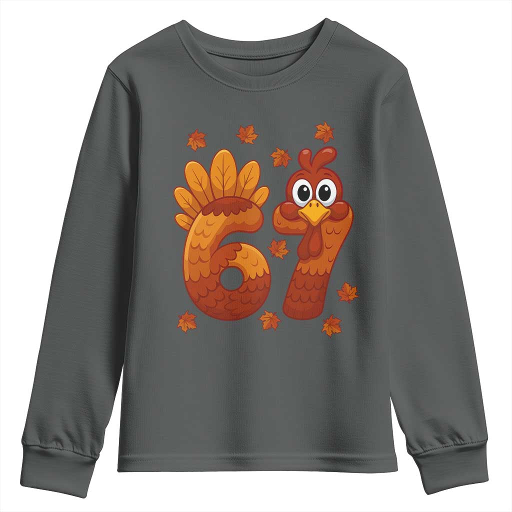 67 Thanksgiving Youth Sweatshirt Funny Turkey Thanksgiving Six Seven Meme TS11 Dark Heather Print Your Wear