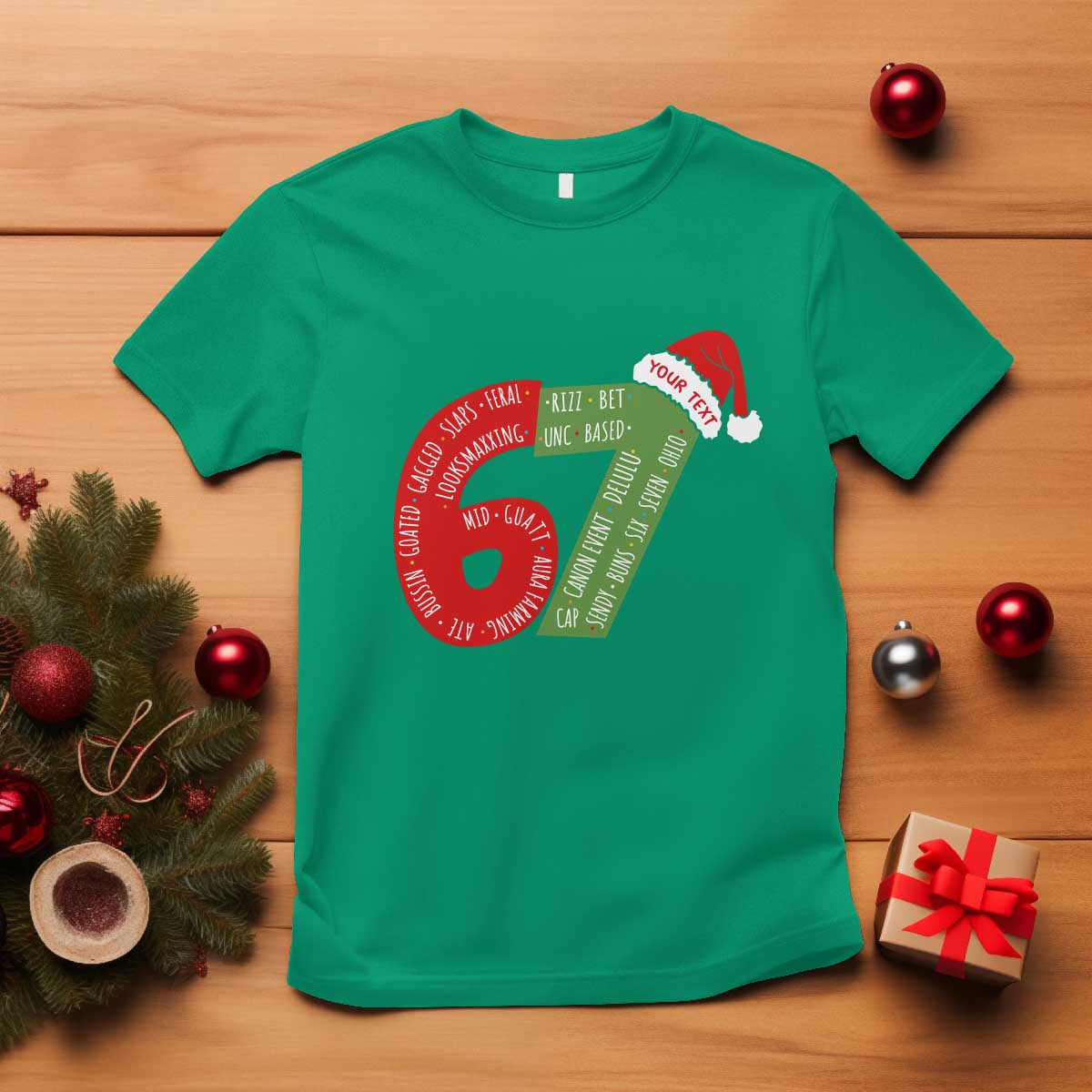 Personalized 67 Christmas T Shirt Custom Text Rizz Aura Farming Six Seven Meme Gen Alpha TS11 Irish Green Print Your Wear