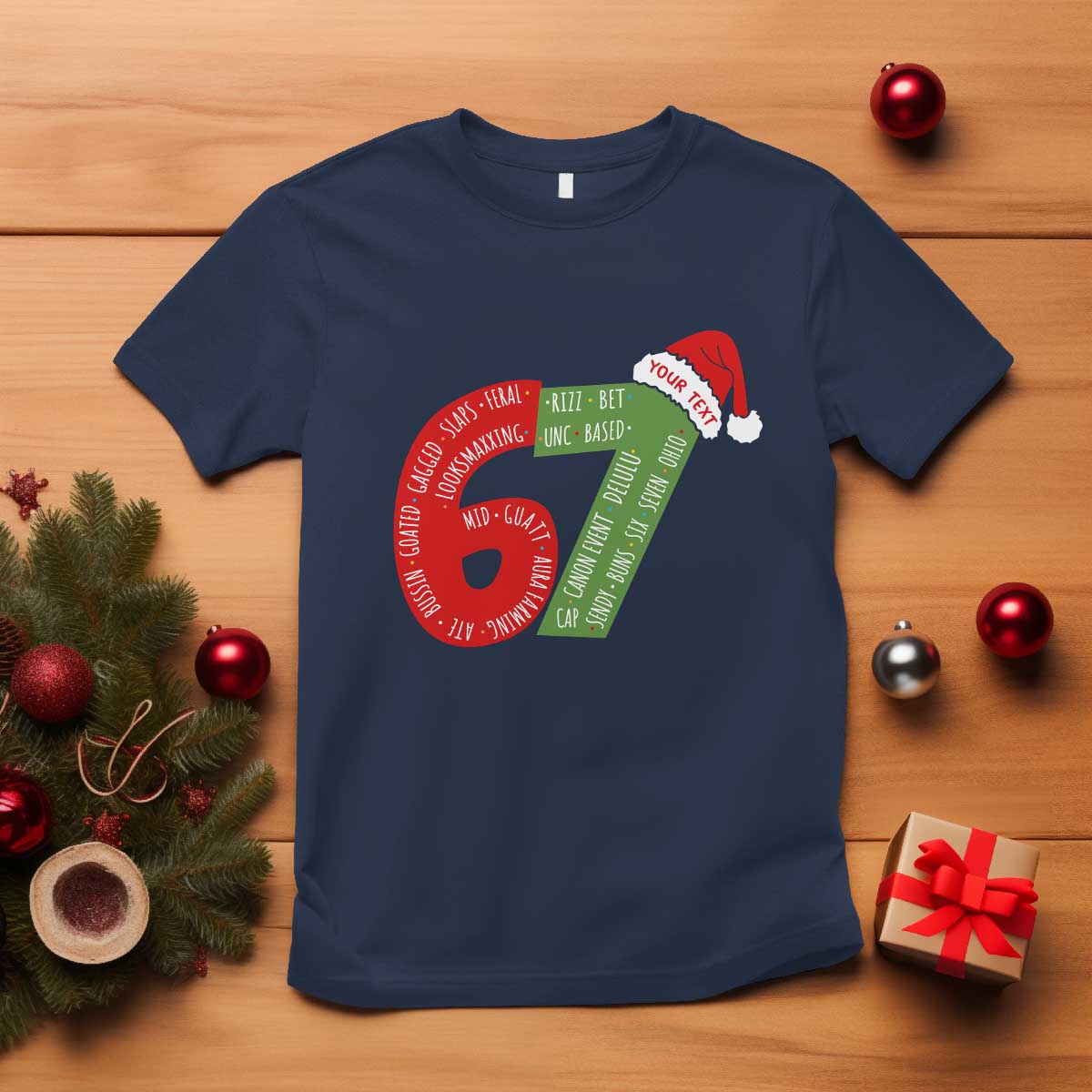 Personalized 67 Christmas T Shirt Custom Text Rizz Aura Farming Six Seven Meme Gen Alpha TS11 Navy Print Your Wear