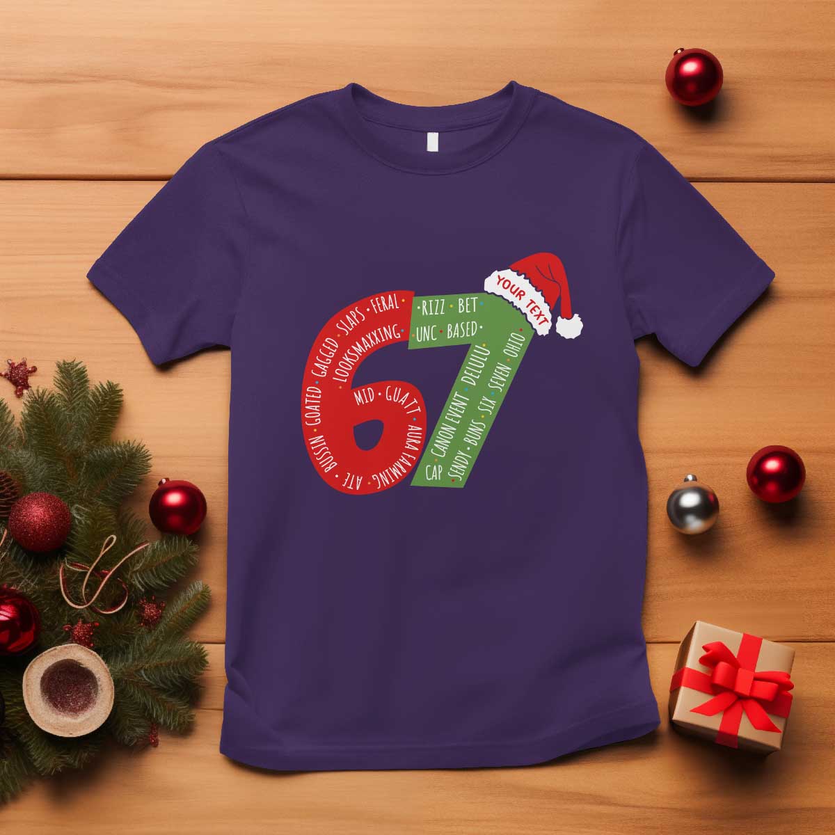 Personalized 67 Christmas T Shirt Custom Text Rizz Aura Farming Six Seven Meme Gen Alpha TS11 Purple Print Your Wear