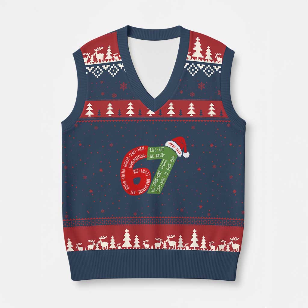 Personalized 67 Xmas V-Neck Knit Sweater Vest Custom Text Rizz Aura Farming Six Seven Meme Gen Alpha TS11 Navy Red Print Your Wear