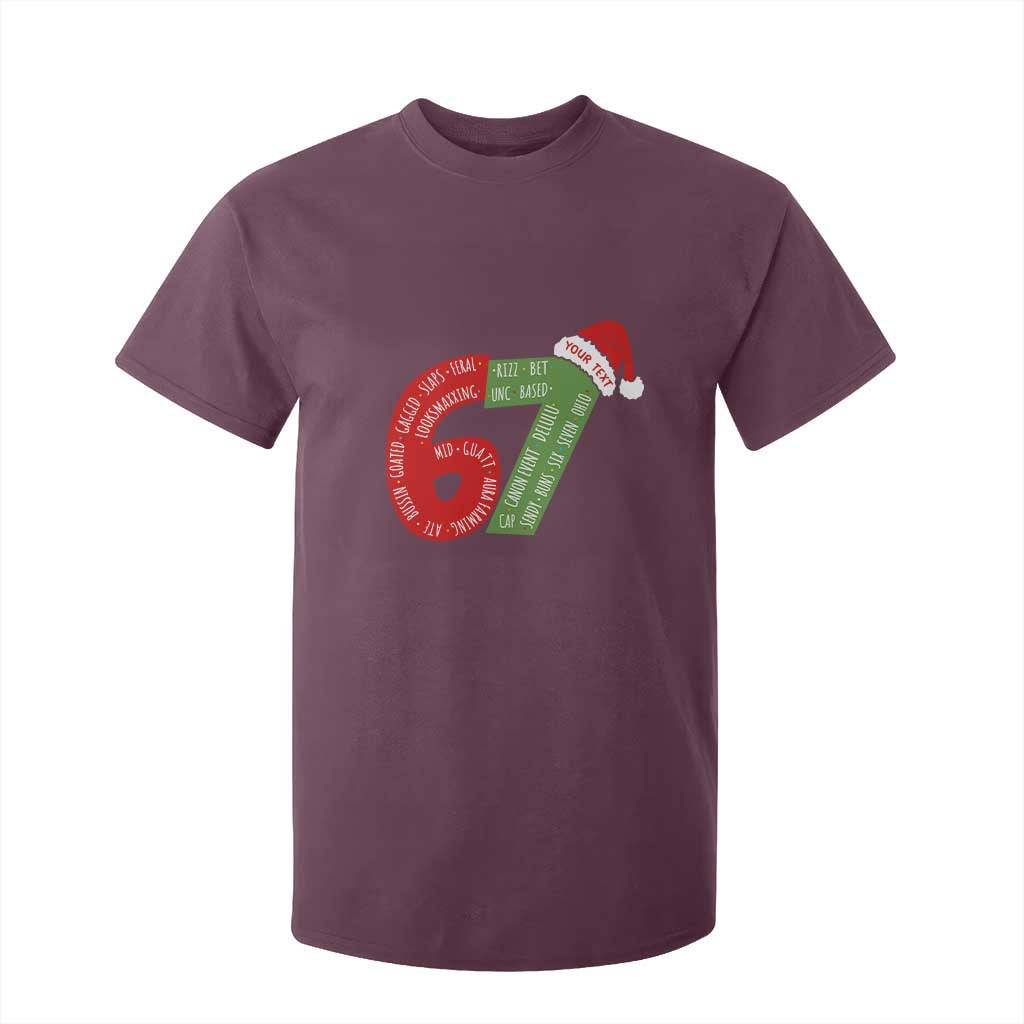 Personalized 67 Christmas T Shirt For Kid Custom Text Rizz Aura Farming Six Seven Meme Gen Alpha TS11 Maroon Print Your Wear