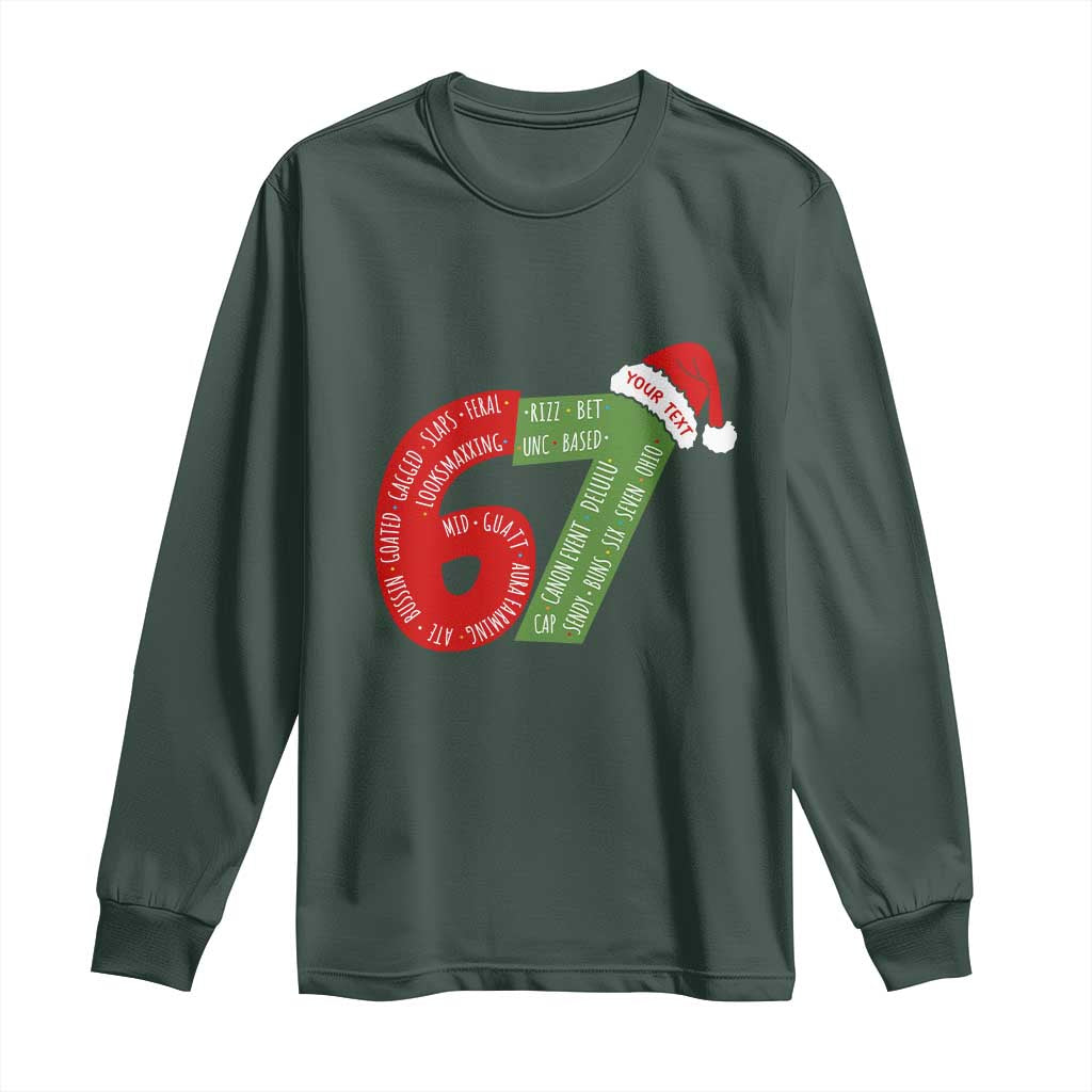 Personalized 67 Christmas Long Sleeve Shirt Custom Text Rizz Aura Farming Six Seven Meme Gen Alpha TS11 Dark Forest Green Print Your Wear