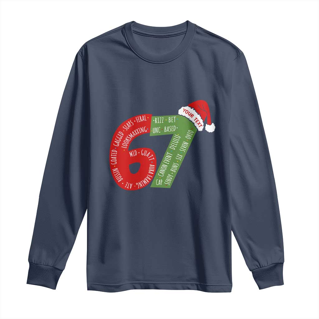 Personalized 67 Christmas Long Sleeve Shirt Custom Text Rizz Aura Farming Six Seven Meme Gen Alpha TS11 Navy Print Your Wear