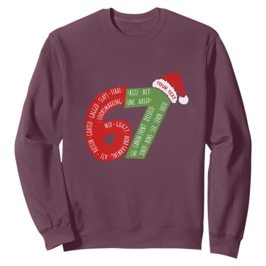 Personalized 67 Christmas Sweatshirt Custom Text Rizz Aura Farming Six Seven Meme Gen Alpha TS11 Maroon Print Your Wear