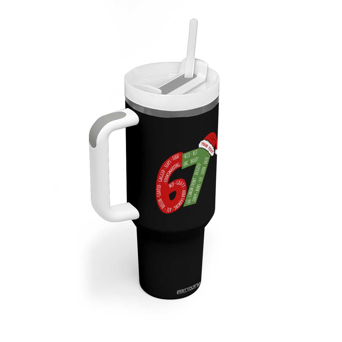 Personalized 67 Christmas Tumbler With Handle Custom Text Rizz Aura Farming Six Seven Meme Gen Alpha TS11 Print Your Wear