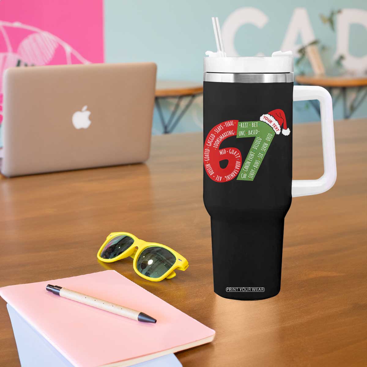 Personalized 67 Christmas Tumbler With Handle Custom Text Rizz Aura Farming Six Seven Meme Gen Alpha TS11 Print Your Wear