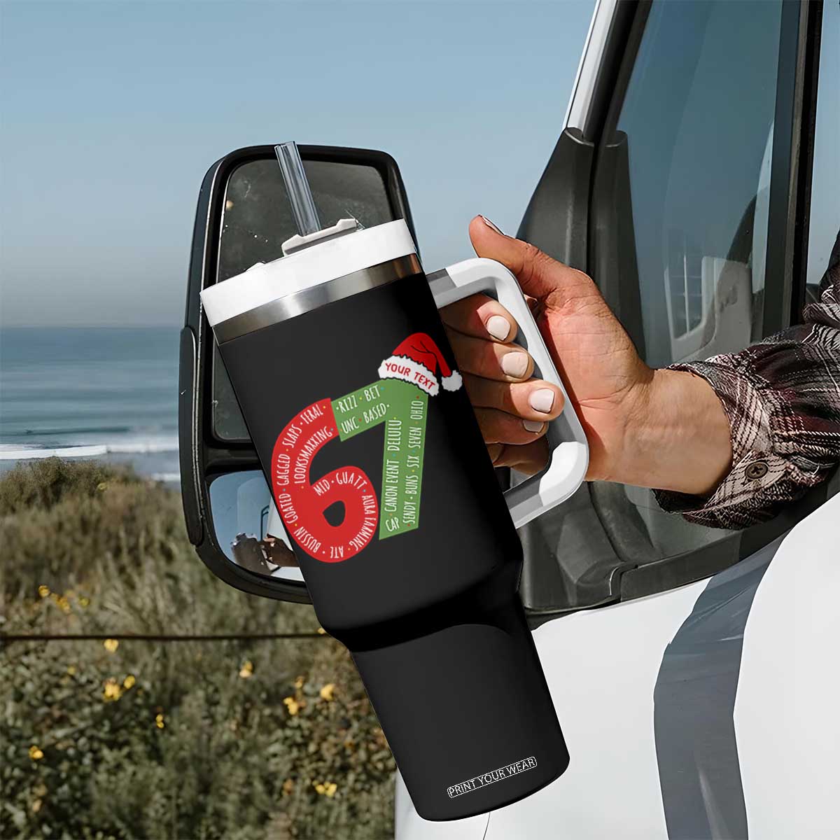 Personalized 67 Christmas Tumbler With Handle Custom Text Rizz Aura Farming Six Seven Meme Gen Alpha TS11 Print Your Wear