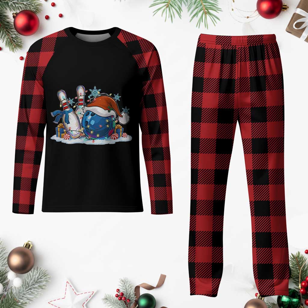 Funny Christmas Bowling Santa Hat Xmas Bowler Plaid Pajama Set - Print Your Wear