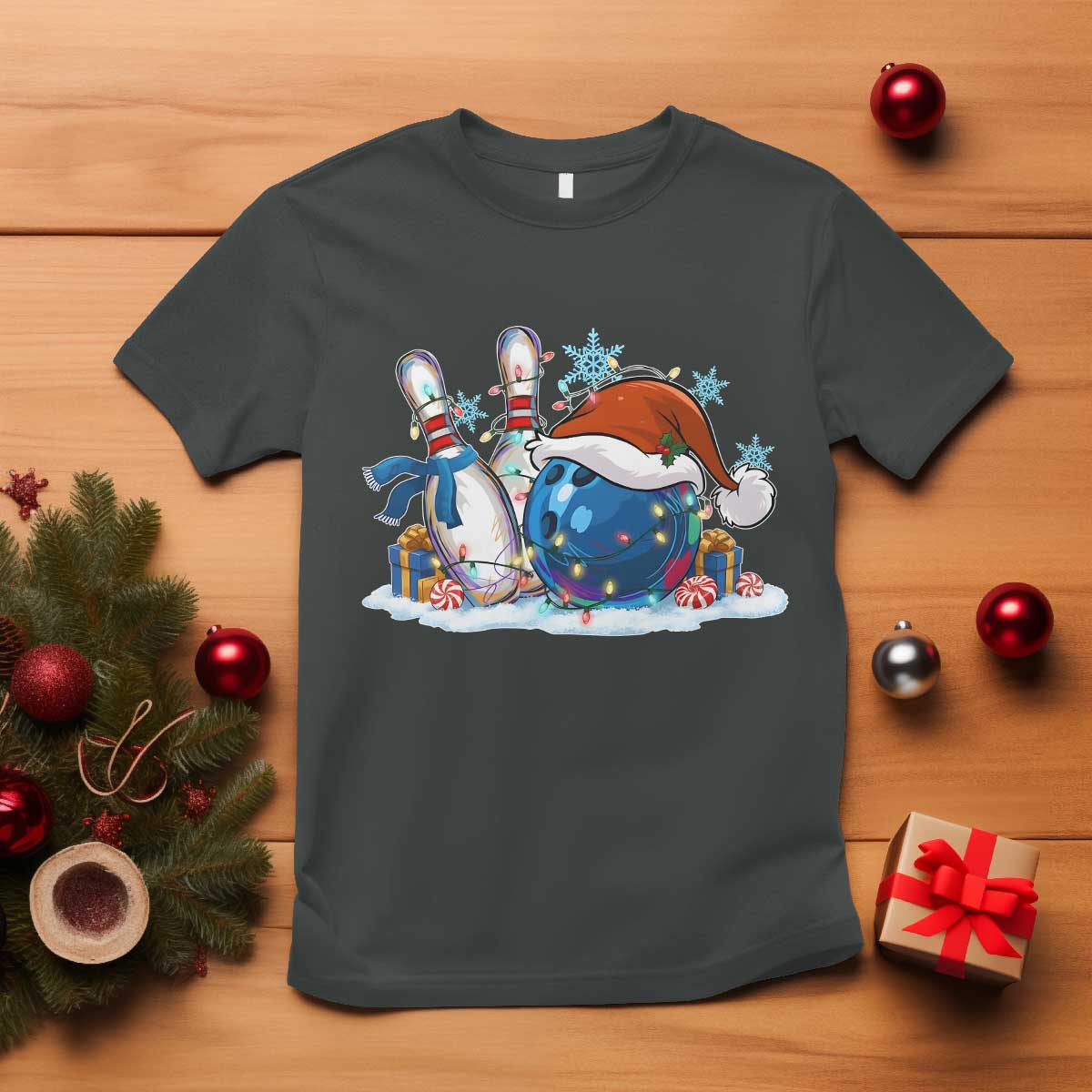 Funny Christmas Bowling Santa Hat Xmas Bowler T Shirt TS11 Dark Heather Print Your Wear
