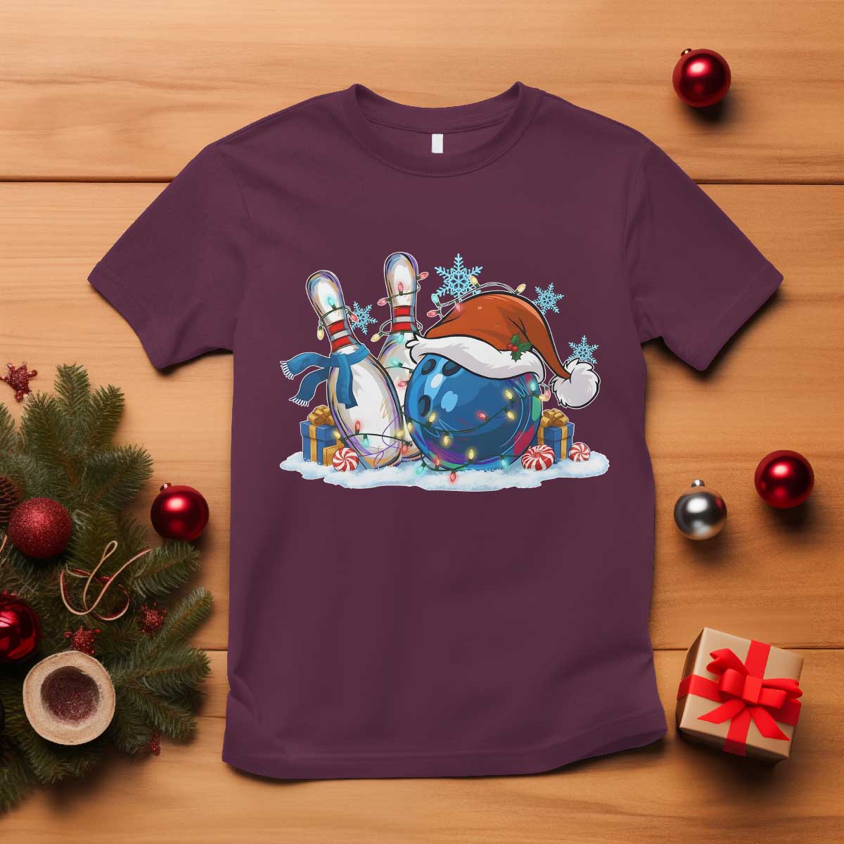 Funny Christmas Bowling Santa Hat Xmas Bowler T Shirt TS11 Maroon Print Your Wear