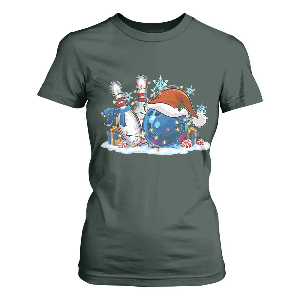 Funny Christmas Bowling Santa Hat Xmas Bowler T Shirt For Women TS11 Dark Forest Green Print Your Wear