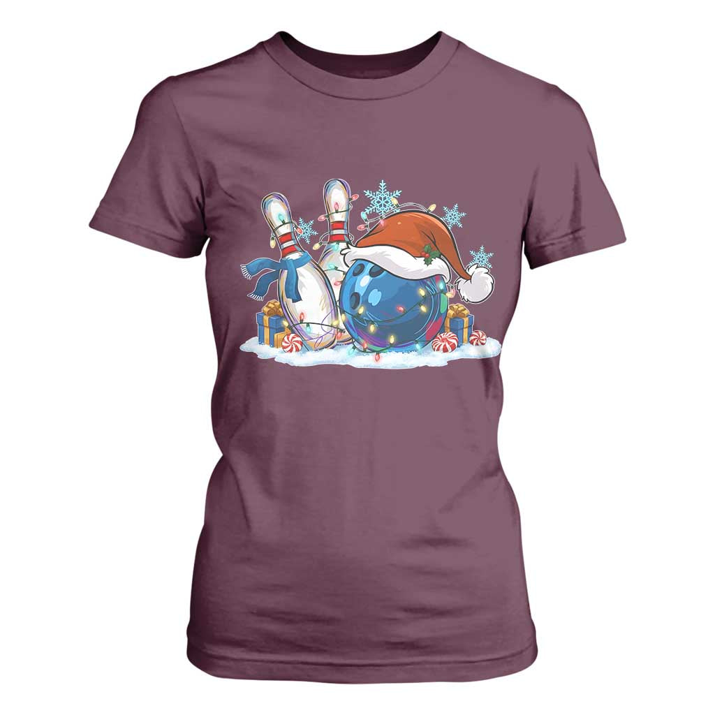 Funny Christmas Bowling Santa Hat Xmas Bowler T Shirt For Women TS11 Maroon Print Your Wear