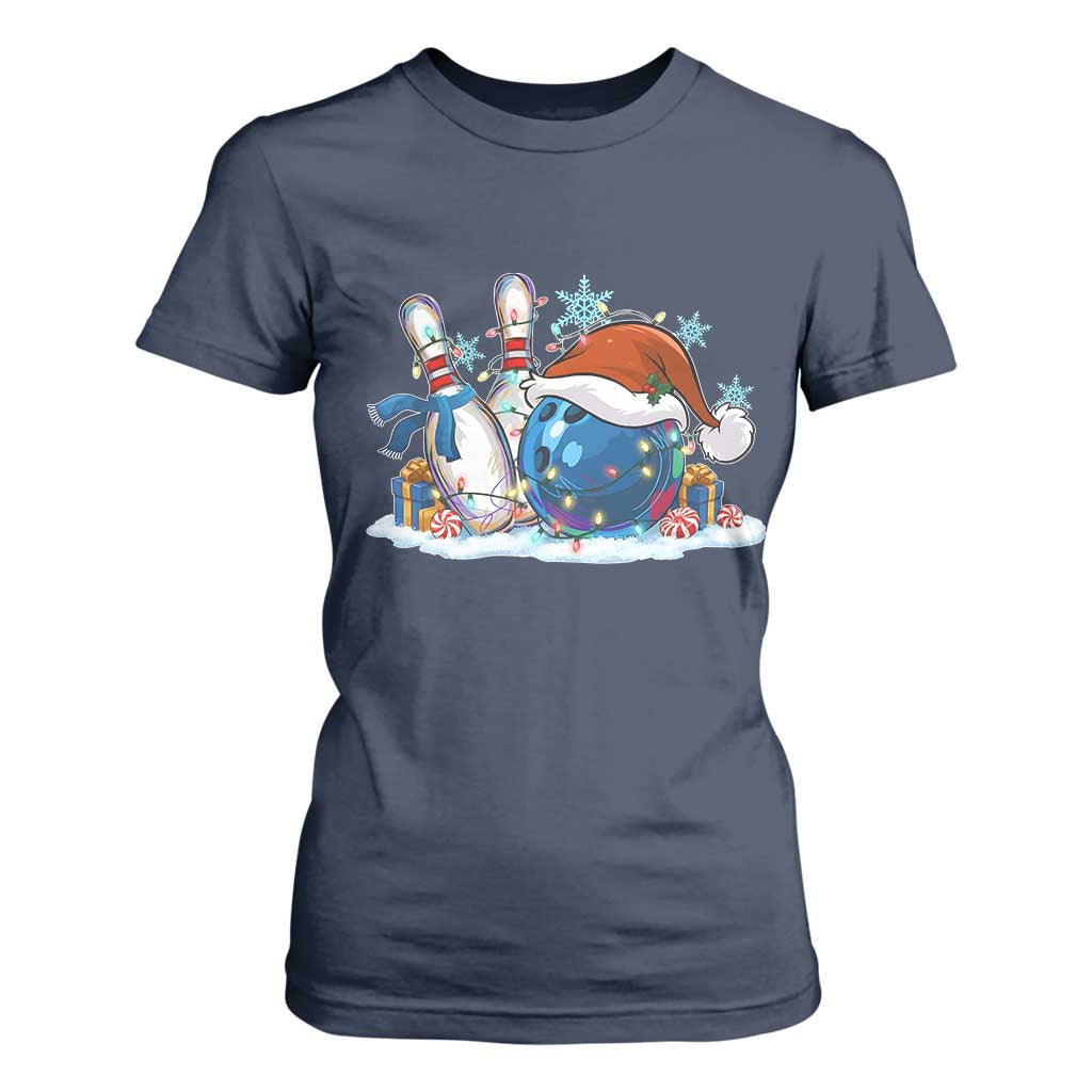 Funny Christmas Bowling Santa Hat Xmas Bowler T Shirt For Women TS11 Navy Print Your Wear
