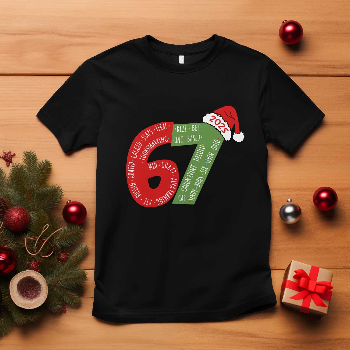 Funny 67 Christmas T Shirt Rizz Aura Farming Bussin Six Seven Meme Gen Alpha TS11 Black Print Your Wear