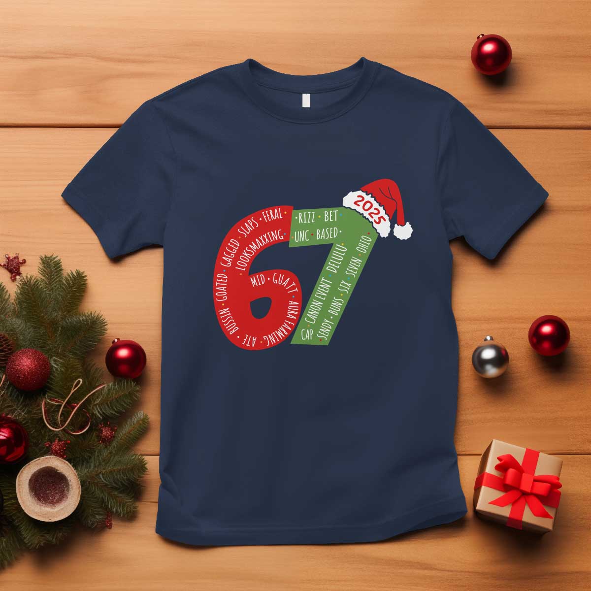 Funny 67 Christmas T Shirt Rizz Aura Farming Bussin Six Seven Meme Gen Alpha TS11 Navy Print Your Wear