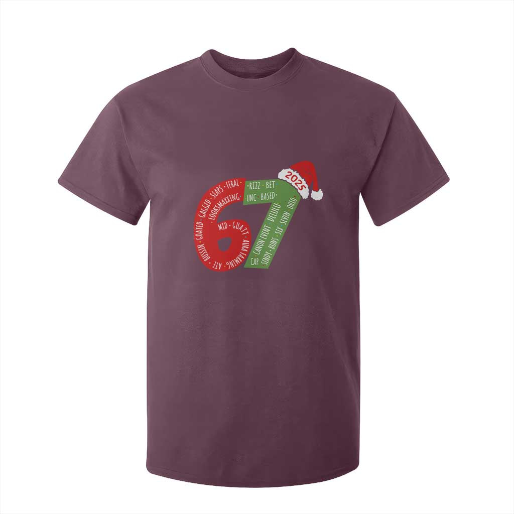 Funny 67 Christmas T Shirt For Kid Rizz Aura Farming Bussin Six Seven Meme Gen Alpha TS11 Maroon Print Your Wear