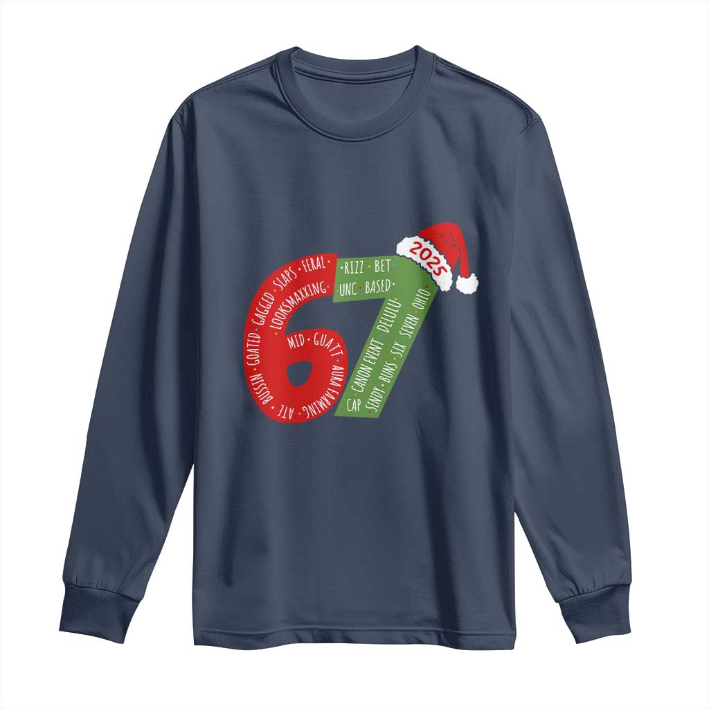 Funny 67 Christmas Long Sleeve Shirt Rizz Aura Farming Bussin Six Seven Meme Gen Alpha TS11 Navy Print Your Wear