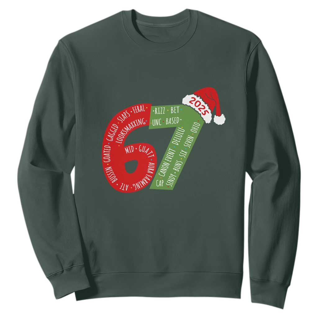 Funny 67 Christmas Sweatshirt Rizz Aura Farming Bussin Six Seven Meme Gen Alpha TS11 Dark Forest Green Print Your Wear